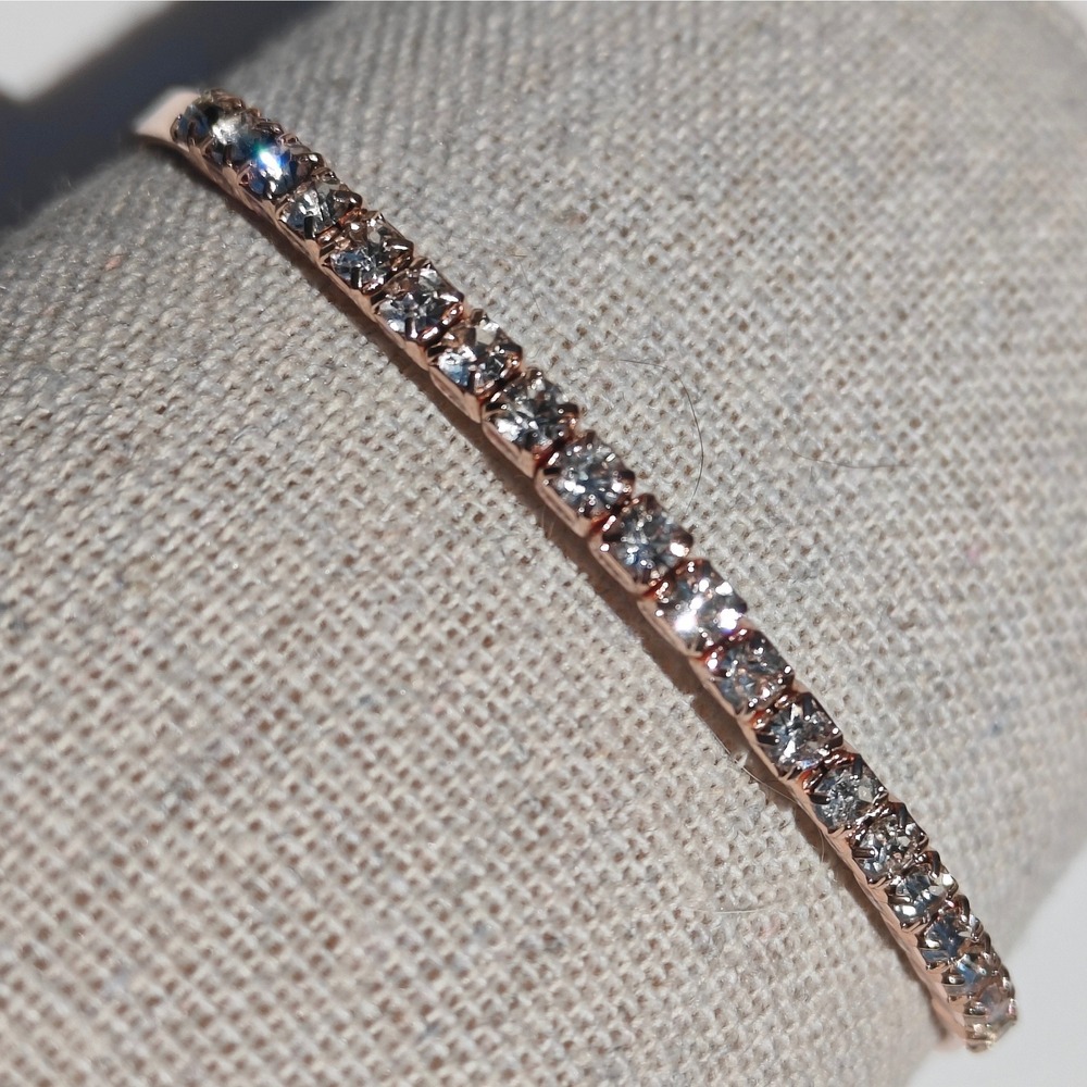 Rose Gold Tone Tennis Cuff Bangle Bracelet Clear Crystal Round Slip on New Tags